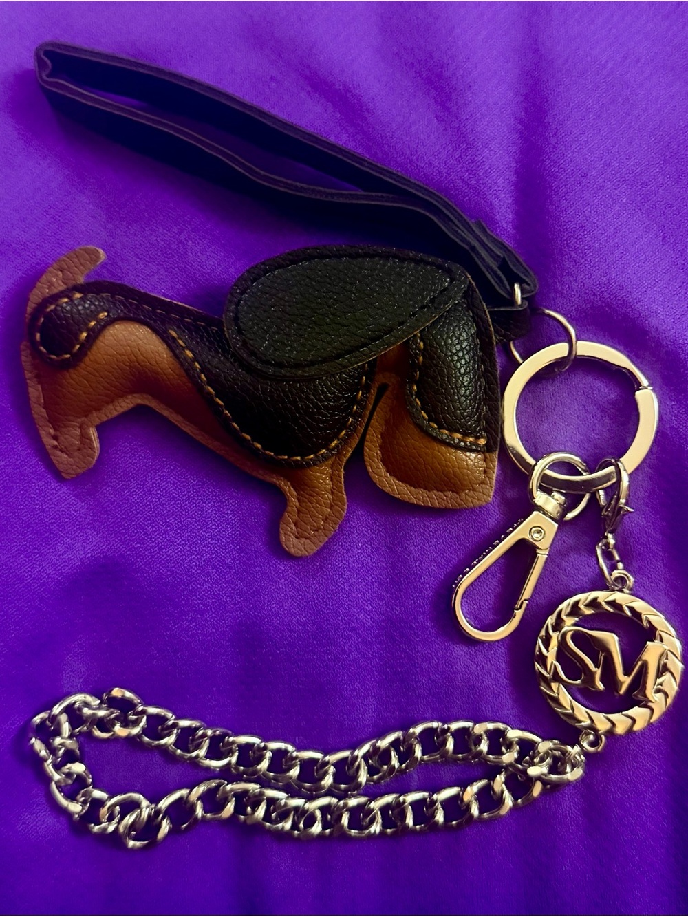 Leather Dachshund Keychain Wristlet with Silver Chain